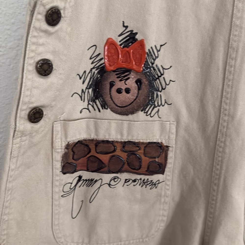 Vintage 90s Haik’s Khaki Hand-painted Giraffe Denim Shortalls Jumper Medium - Picture 3 of 8